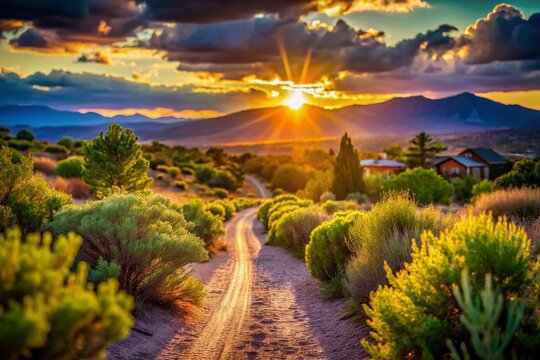 Golden Hour Sunset, Tesuque Mountains, Santa Fe, New Mexico: Scenic Dirt Road & Bokeh