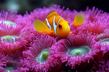 Orange Clownfish amongst Pink Anemones