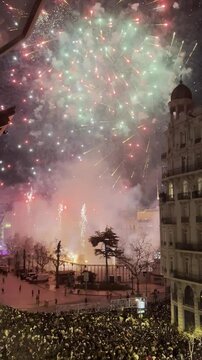 Fireworks show on the main square of Valencia during Las Fallas fire festival 2025. Pyrotechnic show, Spain. Love of gunpowder.