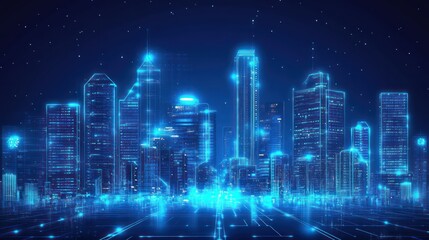 Show a sleek, high-tech city in shades of blue, with glowing neon lights and modern buildings, giving it a futuristic vibe