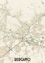 This detailed map showcases the city of Bergamo, Italy. The map features a cream-colored background with a network of black lines representing streets and roads.