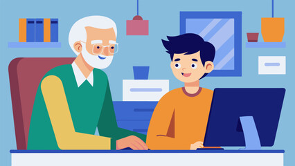 A senior employee and a young intern collaborate on a project bridging the generational gap in the office.. Vector illustration