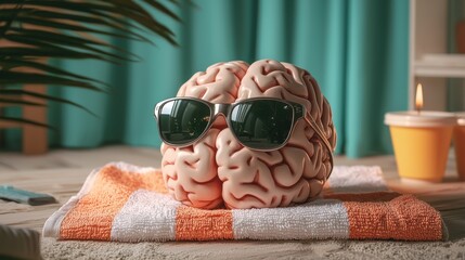 Brain wearing sunglasses on a towel in a relaxed setting.