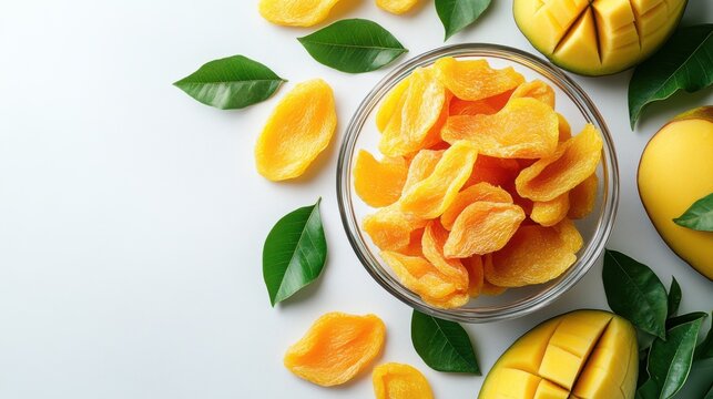 Healthy dried mango bowl view dried fruit snack white background
