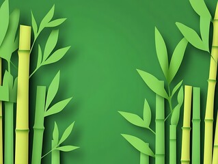 Papercraft style bamboo forest with vibrant green background texture