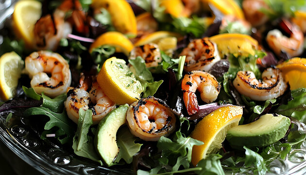 Delicious grilled shrimp salad with avocado and fresh lemon slices close-up - Powered by Adobe