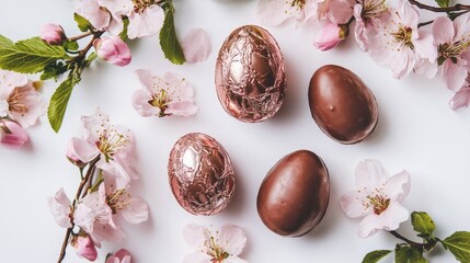 Obraz premium Easter chocolate eggs with foil wrapping, surrounded by soft spring greenery and pink blossoms, fresh and elegant, with copy space.