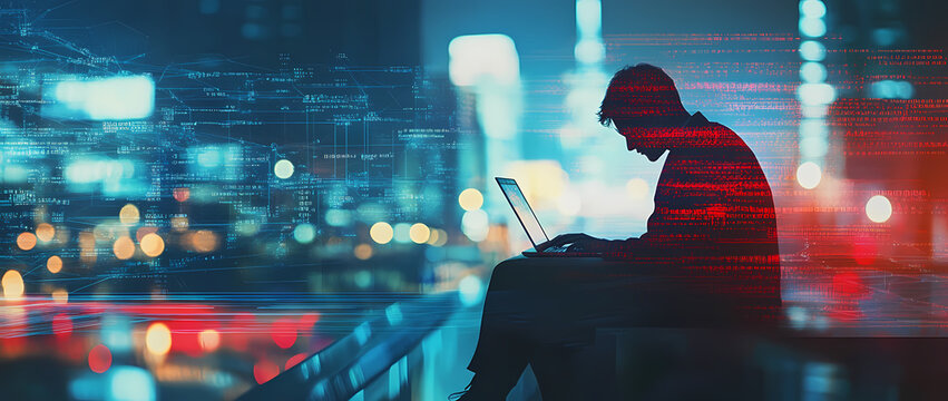 Digital Frontier: A silhouette of an individual immersed in the digital world, their focus unwavering as they navigate complex data streams, suggesting themes of technology, connectivity.