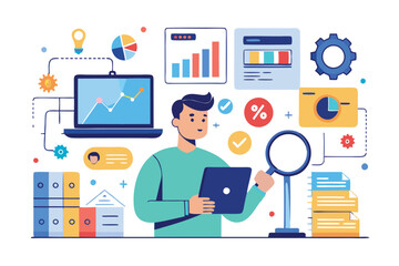 Data analyst oversees and governs income, expenses with magnifier. Financial management system, finance software, IT management tool concept