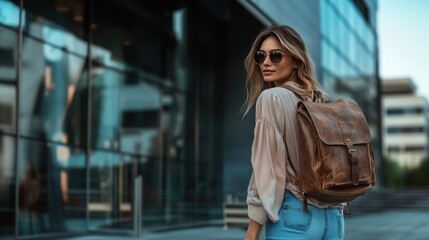Fototapeta premium Stylish woman in casual attire walking through a modern city with a brown leather backpack showcasing urban chic fashion