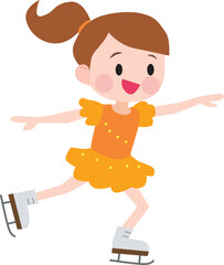Illustration of a girl wearing orange costume figure skating. Ice skating.  Cute, fun. Vector illustration.