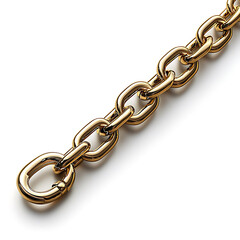 Obraz premium Close-up of a golden chain featuring interlocking oval links with a polished reflective surface against a white backdrop.