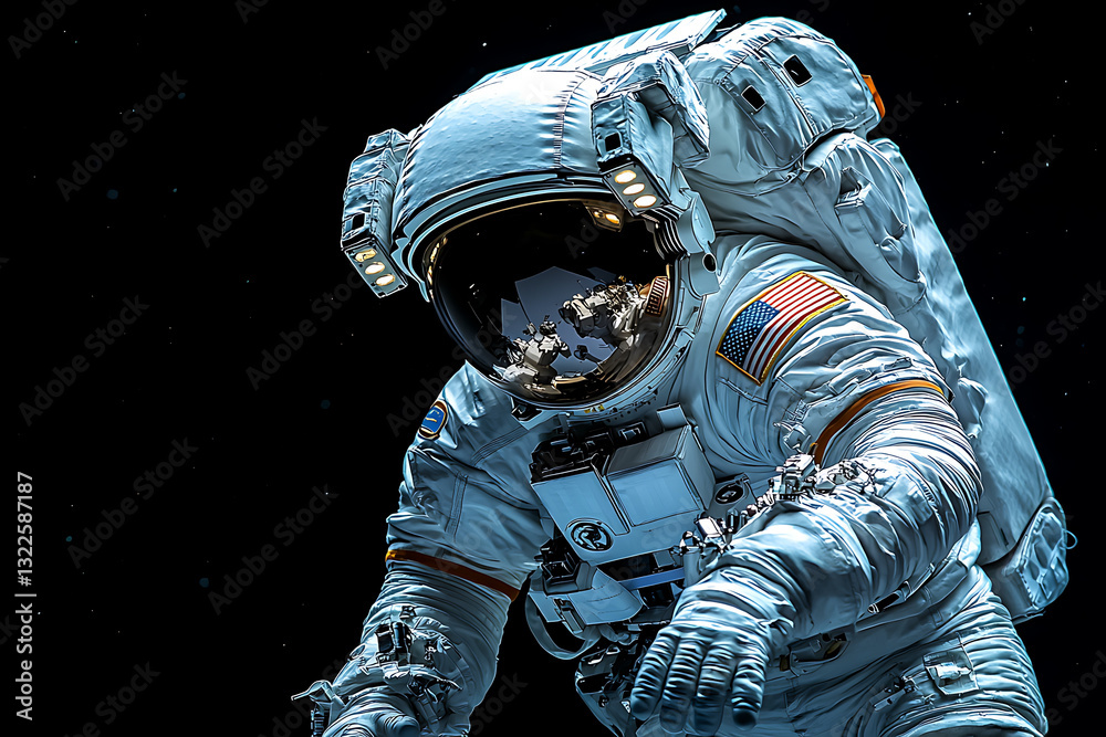 Wall mural astronaut in a spacesuit against the blackness of space a mirrored reflection in the helmet.
