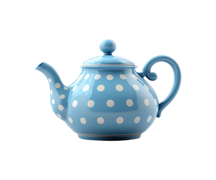 Classic Blue Teapot with White Polka Dots on a Bright Background