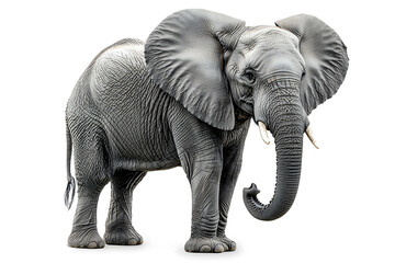 Obraz premium A majestic African elephant stands tall its wrinkled skin and large ears defining its impressive presence against a plain white background.