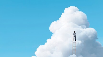 Fototapeta premium Man on a ladder reaching towards the clouds.