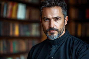 Fototapeta premium Mature man with salt and pepper hair intense gaze wearing dark shirt stands before blurred bookshelves.