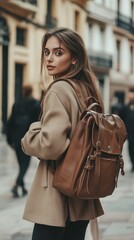 Influencer enjoying the vibrant streets with a brown leather backpack while showcasing a stylish urban look