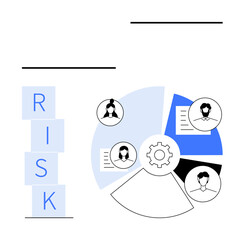 Gear-centered pie chart highlights team collaboration, with four avatars representing roles and tasks. Ideal for teamwork, strategy, risk management, planning, business operations, process flow