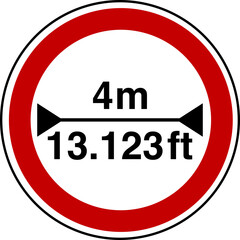 4 m width restriction circular sign sticker with conversion to 13.123 feet