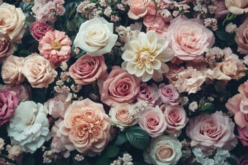 A beautiful full frame floral arrangement of varied flowers