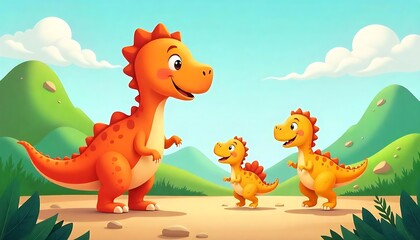 Obraz premium illustration of a friendly dinosaur standing in a lively prehistoric landscape with her two dinosaur children, Cartoon dinosaur characters, created with generative ai