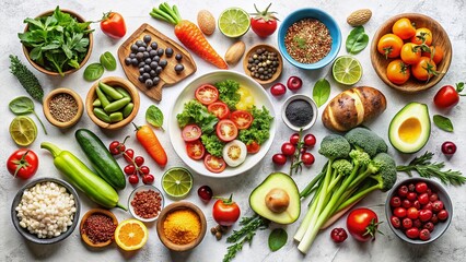 Healthy Diet Food Flat Lay: Top View of Fresh Ingredients on White