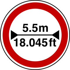 5.5 m width restriction circular sign sticker with conversion to 18.045 feet
