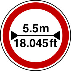 5.5 m width restriction circular sign sticker with conversion to 18.045 feet