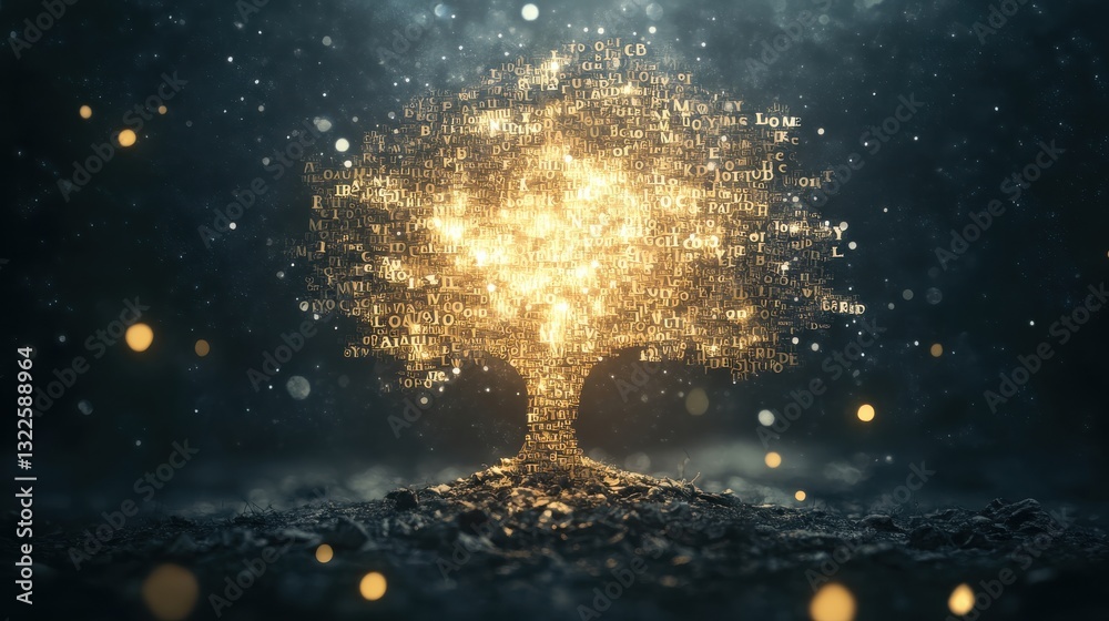 Poster glowing digital tree made of words in a mysterious and enchanting environment with soft bokeh effect