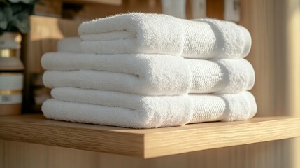 Neat stack of fluffy white bath towels on a wooden shelf.
