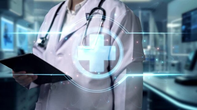 Close up of doctor holding tablet while pointing at medical cross hologram. Professional general practitioner clicking cross icon holographic and accessing medical data to diagnosis symptom. Remedial.