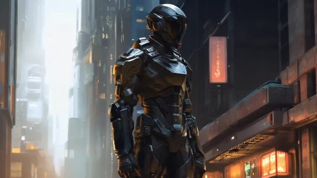 A futuristic armored soldier stands in a neon-lit cyberpunk city, clad in a sleek black exosuit. Towering buildings glow with holographic signs, blending technology and mystery in a dystopian world.