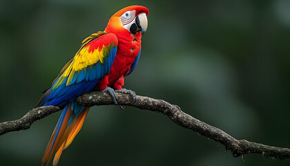 Obraz premium Colorful Macaw perched on branch in rainforest
