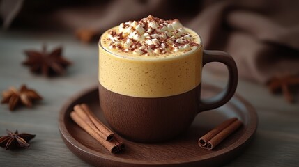Autumn pumpkin spice smoothie in a mug on a wooden table
