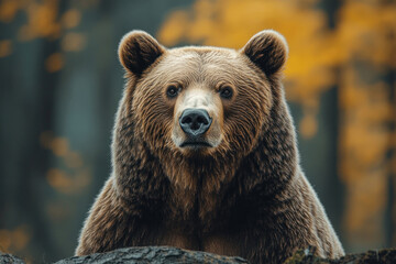 Obraz premium a majestic brown bear looking straight into the camera. Its thick fur is detailed, conveying texture and natural shades of brown 