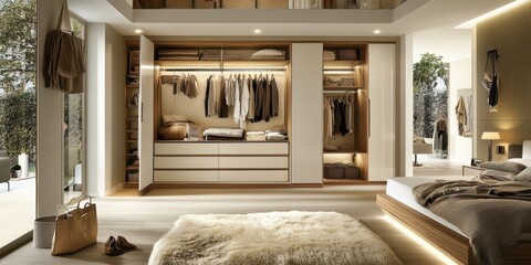A modern bedroom with a walk in closet and bed