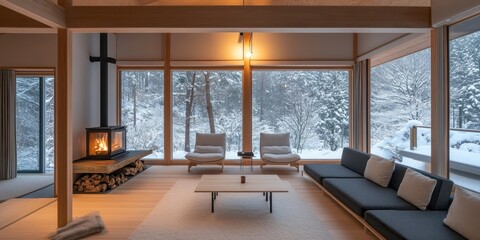 Cozy interior living room with fireplace and snowy scenic views