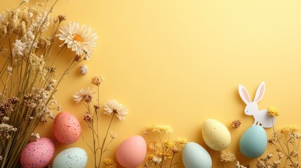 Obraz premium Top view of Easter decorations with eggs, bunny silhouettes, and dried flowers on a pastel yellow background, copy space for text.