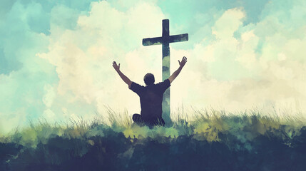 Man Pray cross worship faith devotion supplication intercession. Thanksgiving meditation fasting reverence petition holy spirit. Blessing grace forgiveness repentance praise adoration confession.