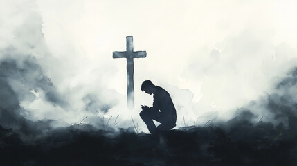 Man Pray cross worship faith devotion supplication intercession. Thanksgiving meditation fasting reverence petition holy spirit. Blessing grace forgiveness repentance praise adoration confession.