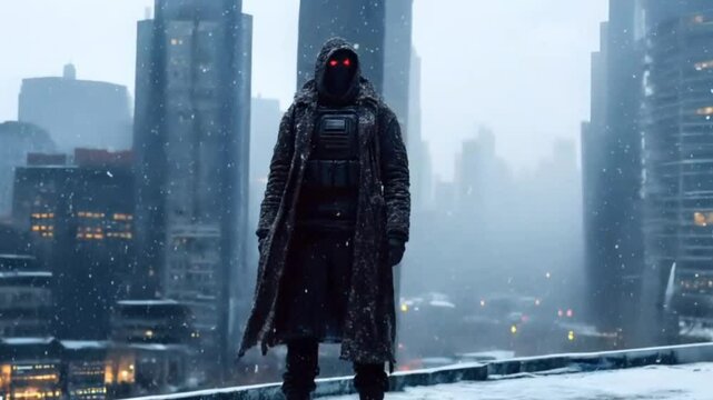 A mysterious figure in a long coat stands on a snowy rooftop, glowing red eyes piercing through the cold. Towering skyscrapers surround the scene, as snowfall adds to the eerie, futuristic atmosphere.
