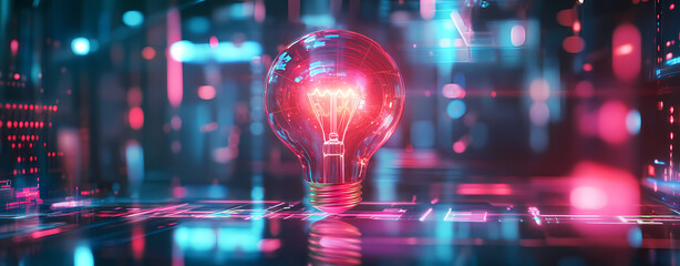Illuminating Innovation: A glowing light bulb pulsates at the heart of a digital realm, symbolizing creative insight, technological advancement, and innovative solutions in a high-tech environment.