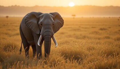 Obraz premium Majestic African Elephant Silhouetted Against A Breathtaking Golden Sunset, Calmly Traversing The Serene Savanna Grasslands