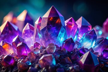 Iridescent Amethyst Crystal Cluster, Vibrant Glowing Gemstones, Architectural Photography