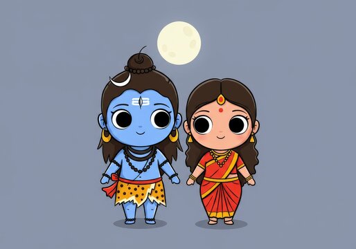 Lord Shiva and Goddess Parvati embrace as they gaze lovingly at their newborn son in this playful cartoon scene.