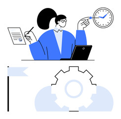 Woman with laptop and clock balancing time, task and workflow management, pointing to goals, achievement symbolized by flag, gear for process optimization. Ideal for productivity, teamwork