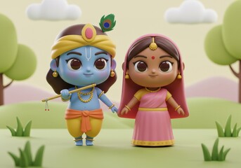 Fototapeta premium A vibrant digital painting of Lord Krishna and his beloved Radha in their divine embrace, capturing their timeless love story.