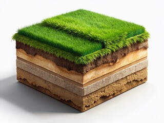 Isometric Soil Layers Diagram: Cross-Section of Grass & Underground Soil Strata (Organic, Mineral, Sand, Clay)
