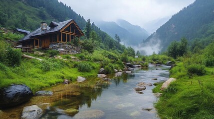 Fototapeta premium Serene Mountain Cabin by the River